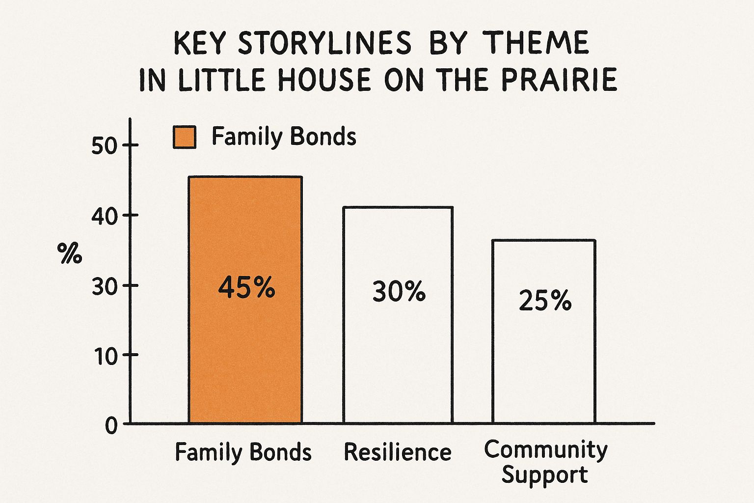 Infographic bar chart showing the breakdown of key themes in Little House on the Prairie storylines. Family Bonds account for 45%, Resilience for 30%, and Community Support for 25%.