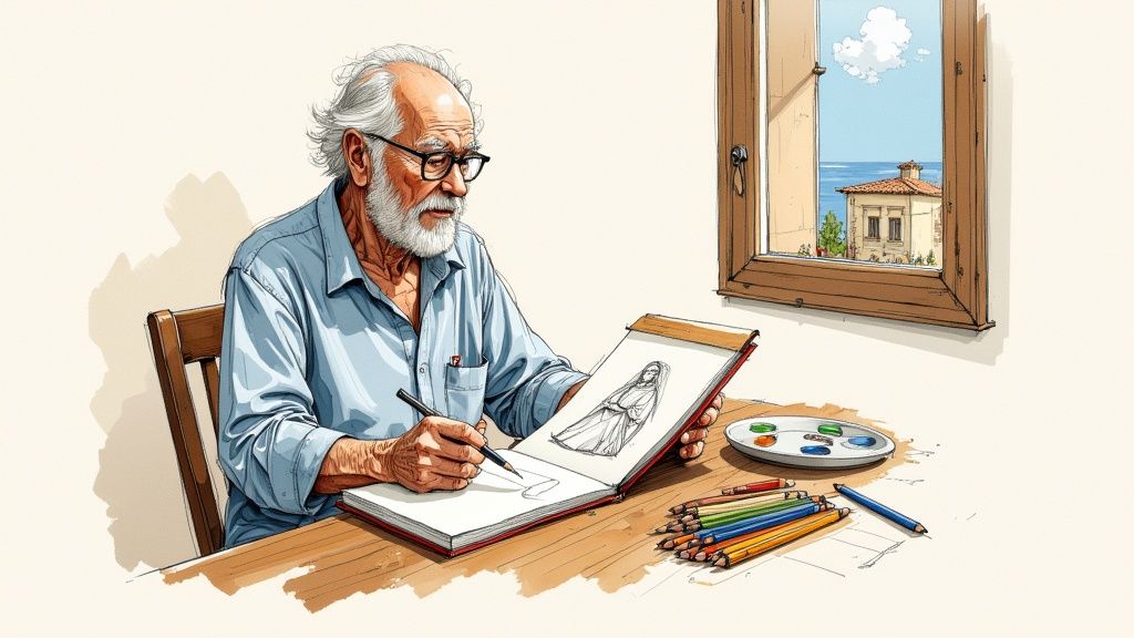 An old man with a beard and glasses sketches in a book, with colored pencils and a window view.