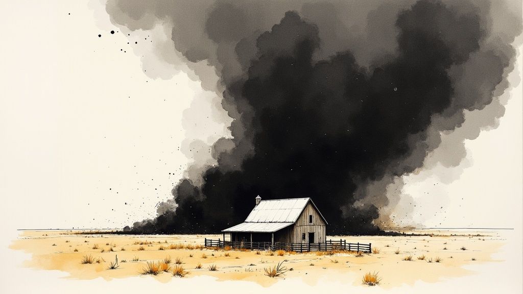 A black-and-white photograph showing a massive dust storm, known as a 'Black Blizzard,' approaching a small farm, capturing the scale of the Dust Bowl.
