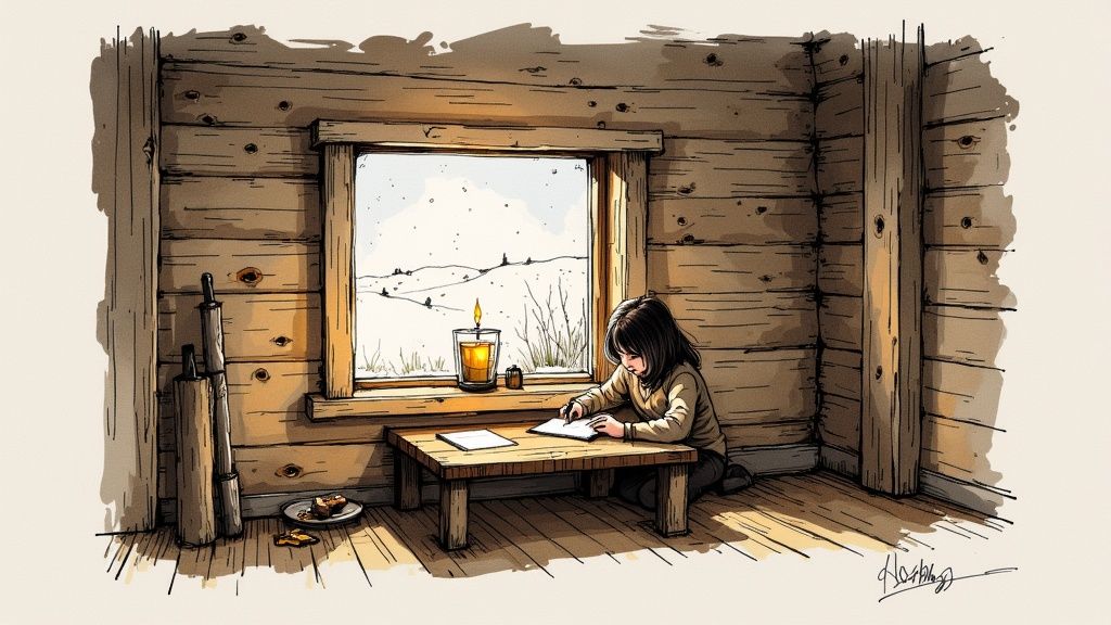 A woman in vintage clothing writing at a wooden desk, symbolizing Laura Ingalls Wilder crafting her stories.