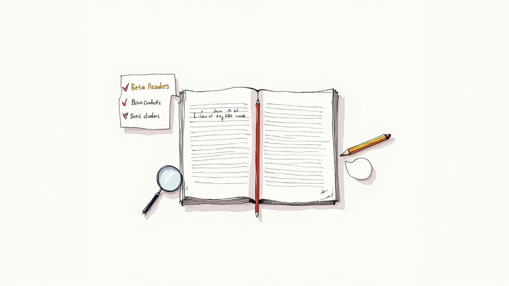 Illustration of an open notebook, checklist, pencils, and magnifying glass on a white background.