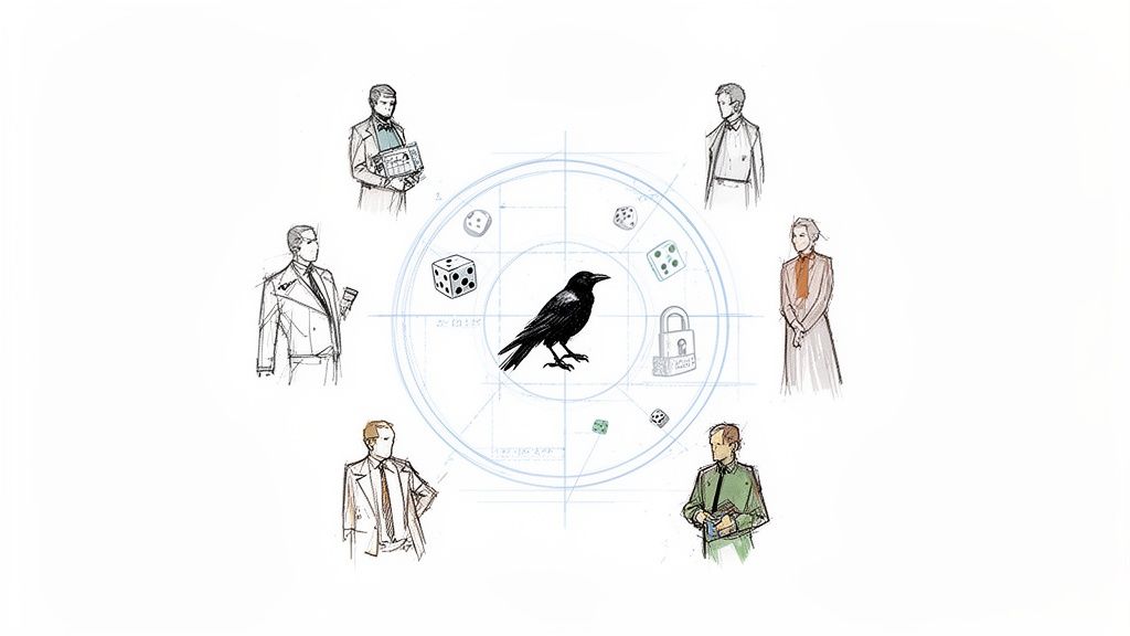 Seven stylized figures stand around a central raven, surrounded by dice and a padlock in a circular diagram.