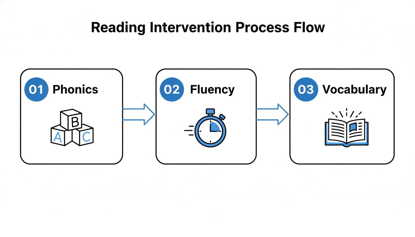 Flowchart illustrates the reading intervention process: Phonics, Fluency, and Vocabulary, with corresponding icons and arrows.