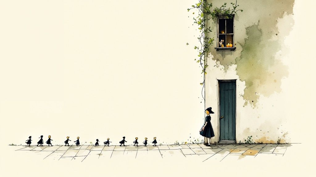A stylized illustration of Madeline and her classmates walking in a line through a Parisian street with the Eiffel Tower in the background