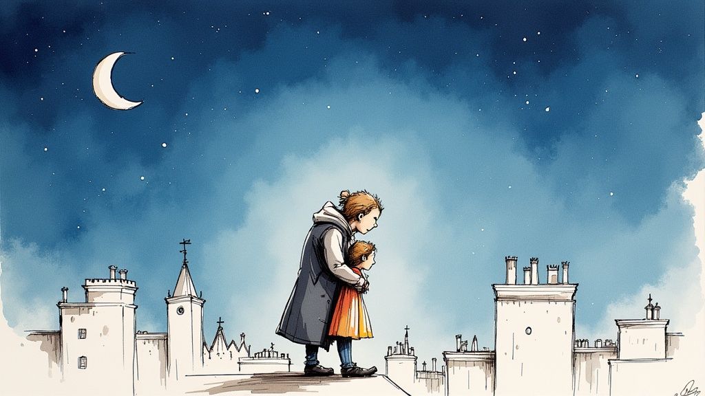 A young girl reading The BFG with a giant shadow behind her