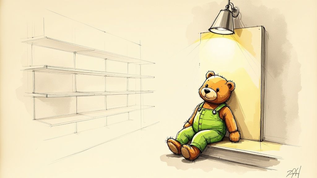 A plush corduroy teddy bear sitting next to an open copy of the children's book 'Corduroy'.