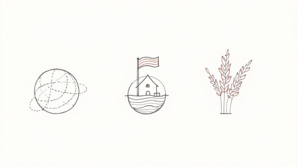 Three minimalist line drawings showing a globe, house on water with flag, and wheat stalks illustration