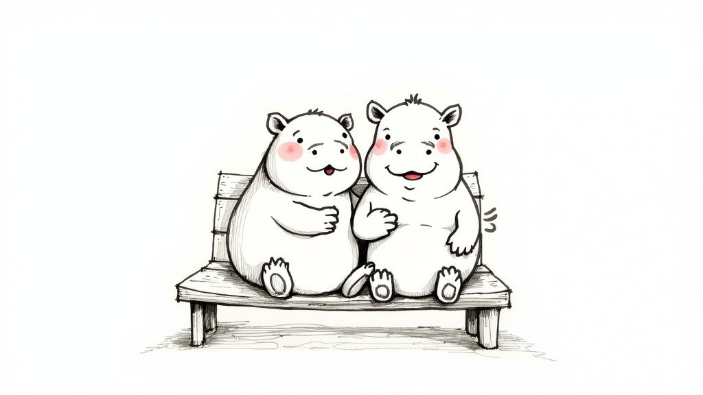 Two hippos, George and Martha, sitting together on a park bench, illustrating their friendship.