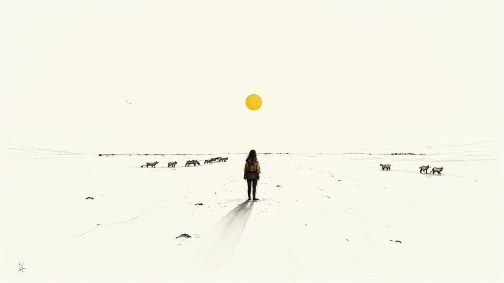 A wolf howling in a snowy forest, representing the wilderness in Julie of the Wolves.