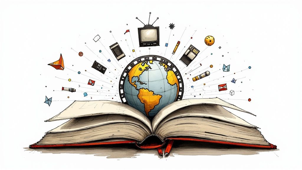 A modern, stylized illustration showing Nancy Drew's silhouette casting a long shadow that contains images of books, films, and video games.