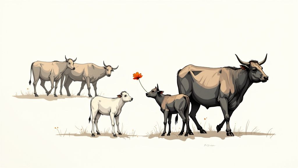 Illustrated farm animals including cows, calf, and sheep grazing peacefully in pastoral scene