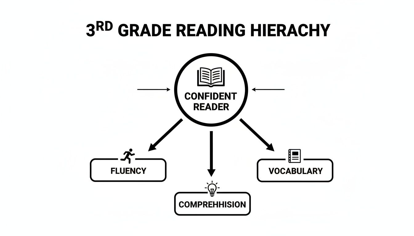 A 3rd grade reading hierarchy diagram shows a confident reader built on fluency, comprehension, and vocabulary.