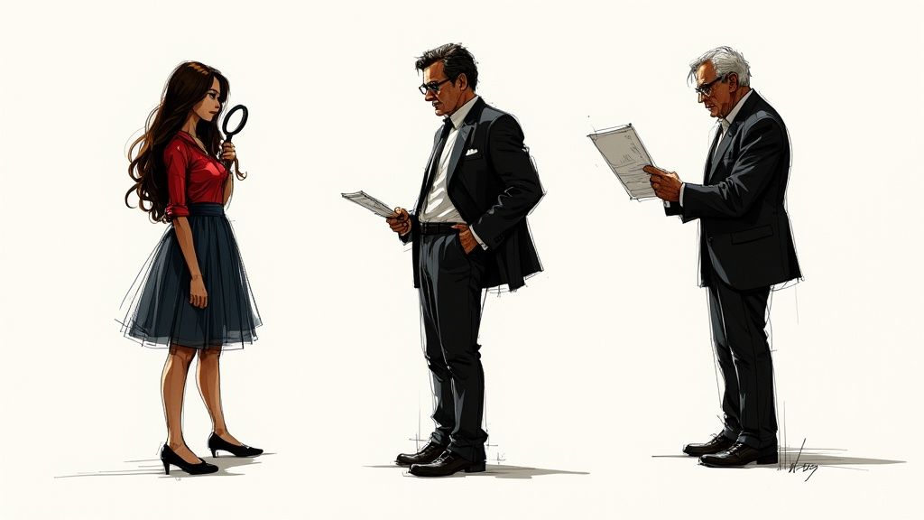 A close-up illustration showing Nancy Drew's determined face, the arrogant Tophams in the background, and her supportive father looking on.