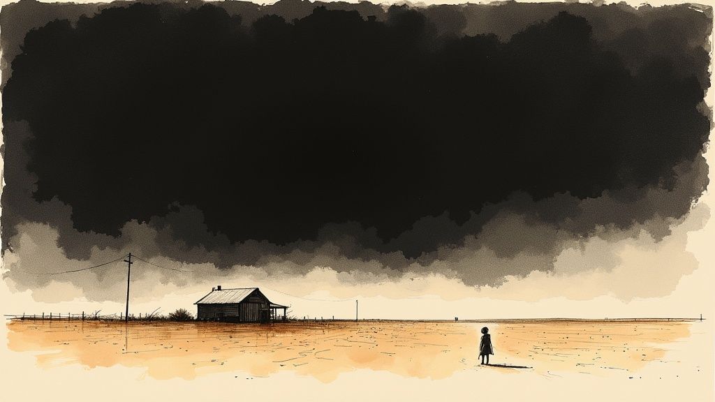 A young girl looking out over a dusty, barren landscape, evoking the feeling of the Dust Bowl era.