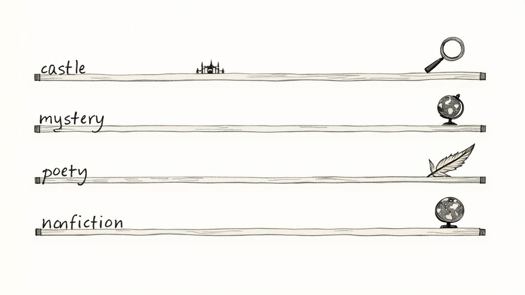 Four library shelves display book categories: castle, mystery, poetry, and nonfiction with relevant icons.