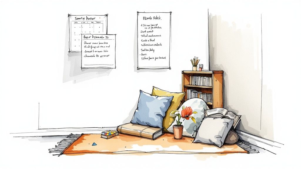 A cozy reading nook with pillows, books, and handwritten notes on the wall.