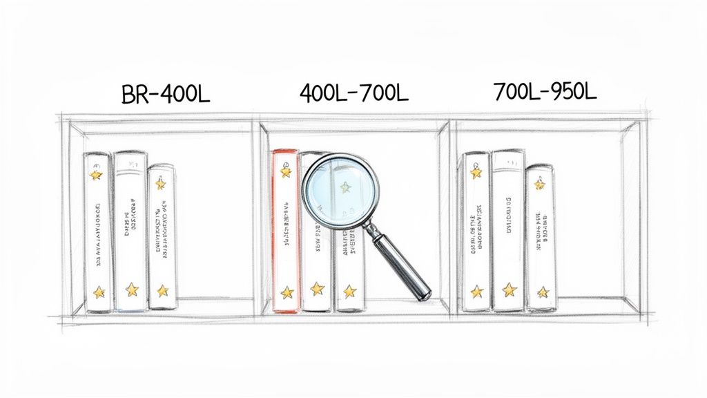Illustrated bookshelf displaying books categorized into different Lexile reading levels with a magnifying glass.