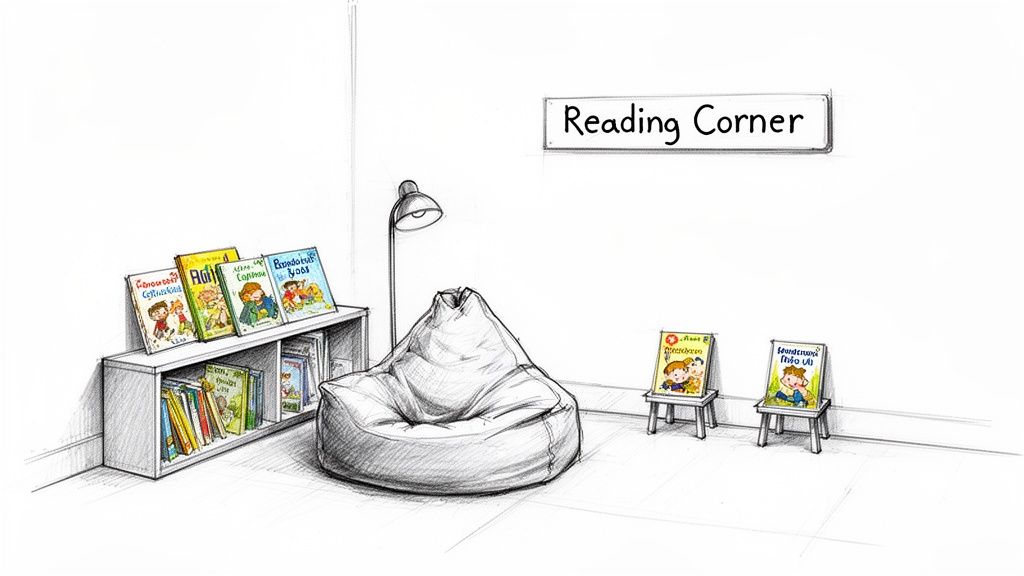 A black and white sketch of a cozy reading corner with a bookshelf, bean bag chair, and books.