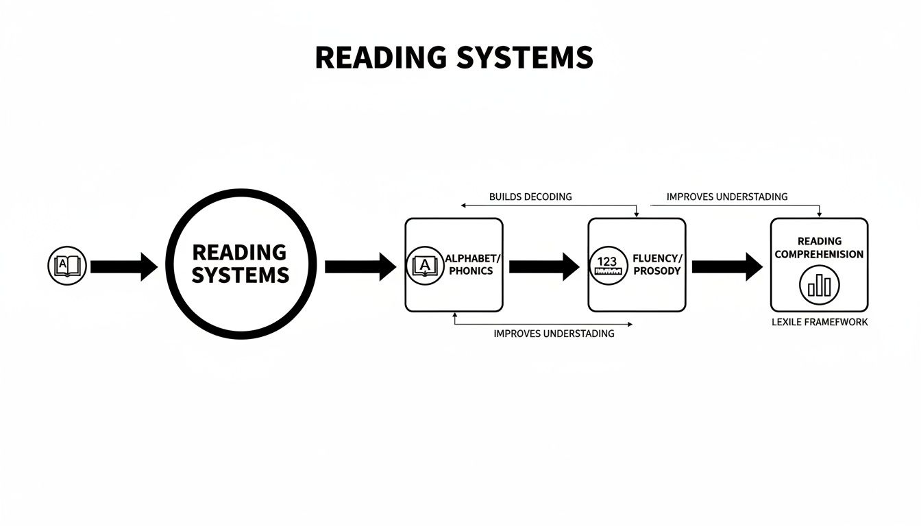 A flowchart illustrates reading systems, showing the progression from phonics to fluency and comprehension.