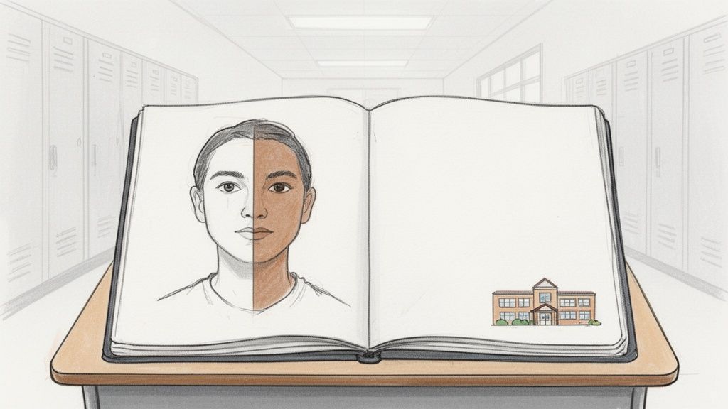 An open notebook on a desk displays a face with two skin tones and a school building.