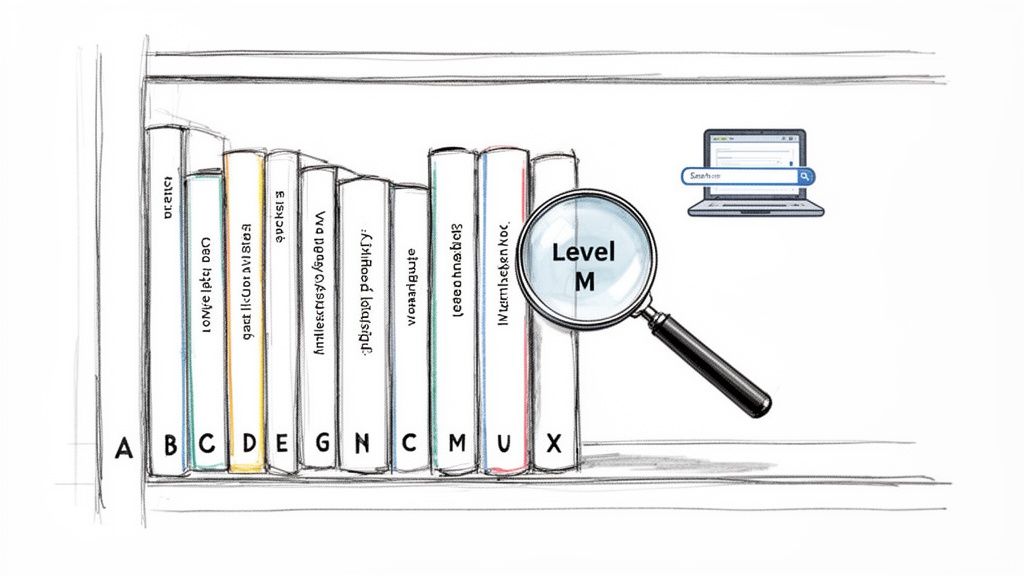 Bookshelf with letter-labeled books, a magnifying glass highlighting 'Level M', and a laptop.