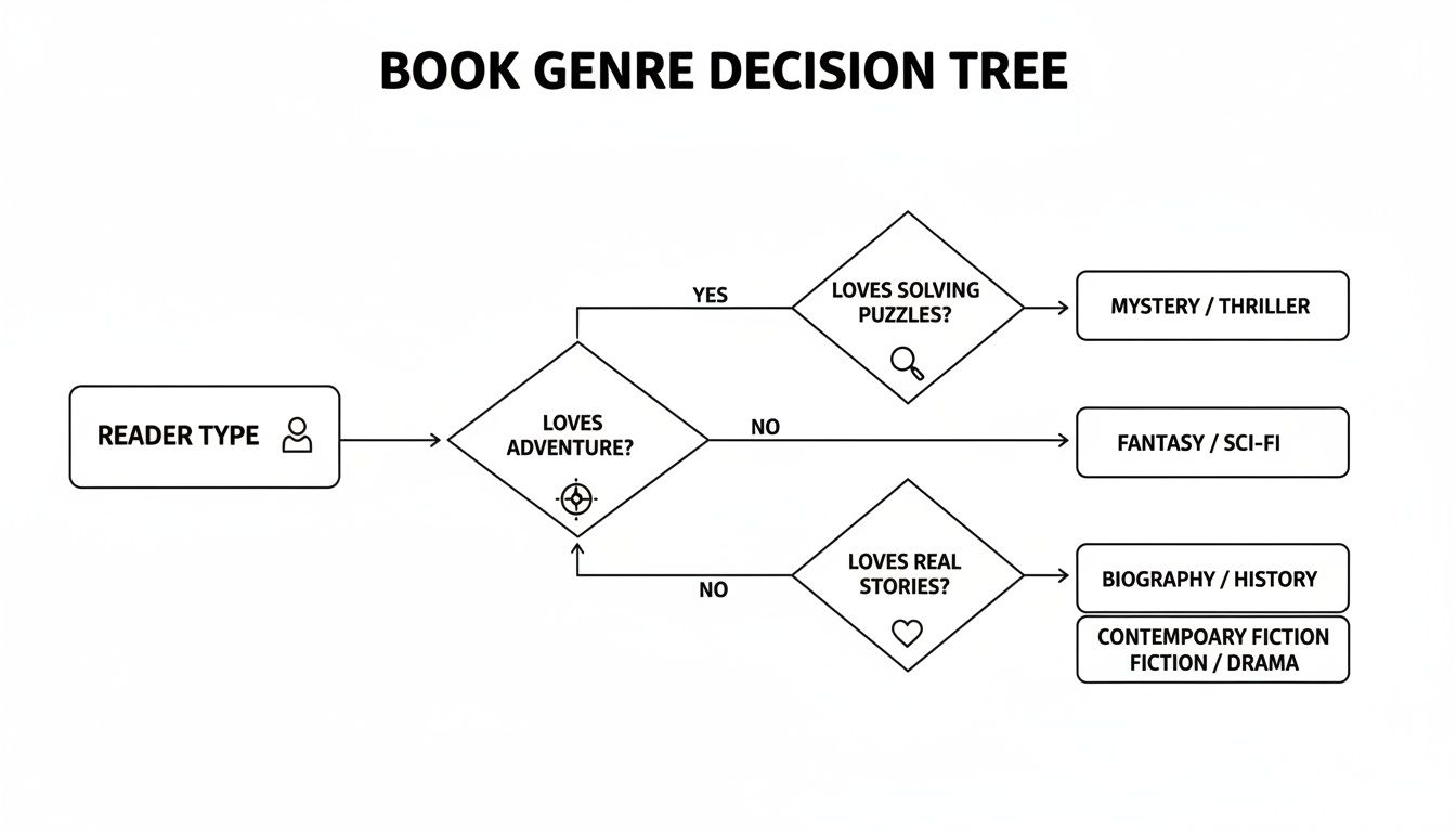 A book genre decision tree flow chart helps readers choose genres based on interests.