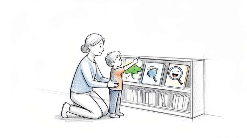 A mother and child at a bookshelf, the boy pointing at a book with a green dinosaur.