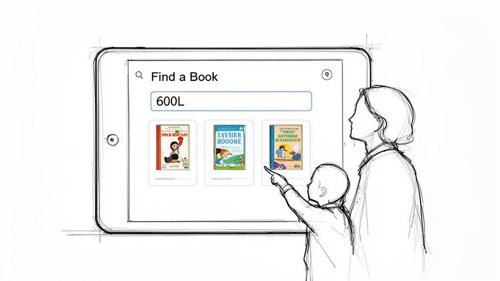 A child and adult using a tablet to find books by Lexile reading level.