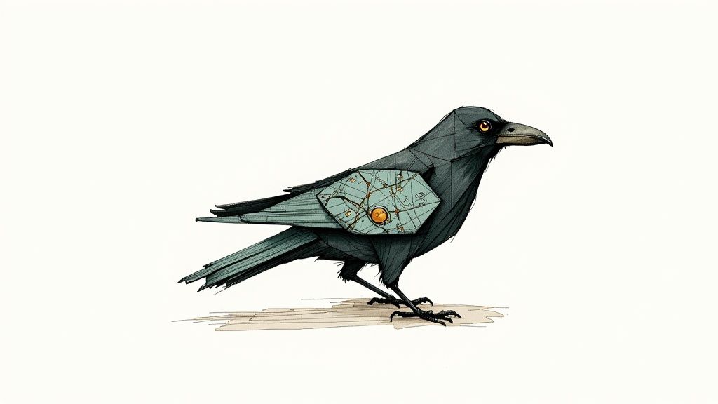 Artistic illustration of a crow with mechanical clockwork gears visible inside its body