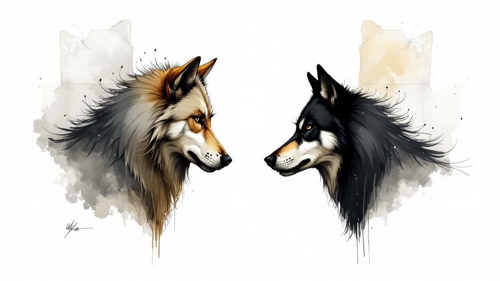 A wolf looking thoughtfully at the camera, symbolizing the deep characterization of the animals in the book.