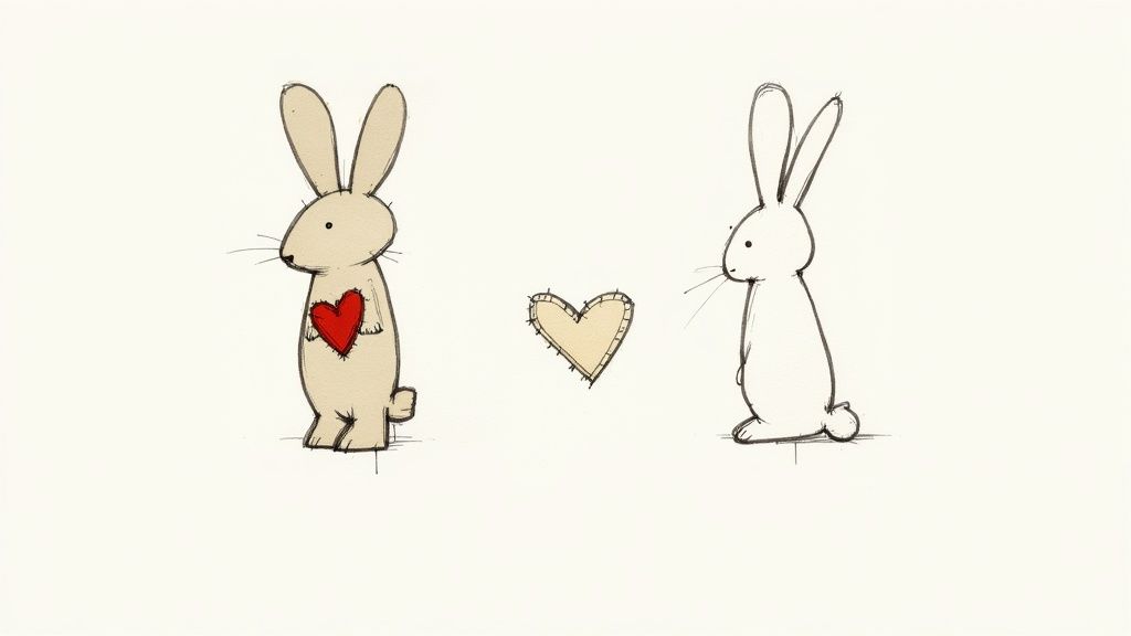 A child's hand holding a worn velveteen rabbit toy tenderly