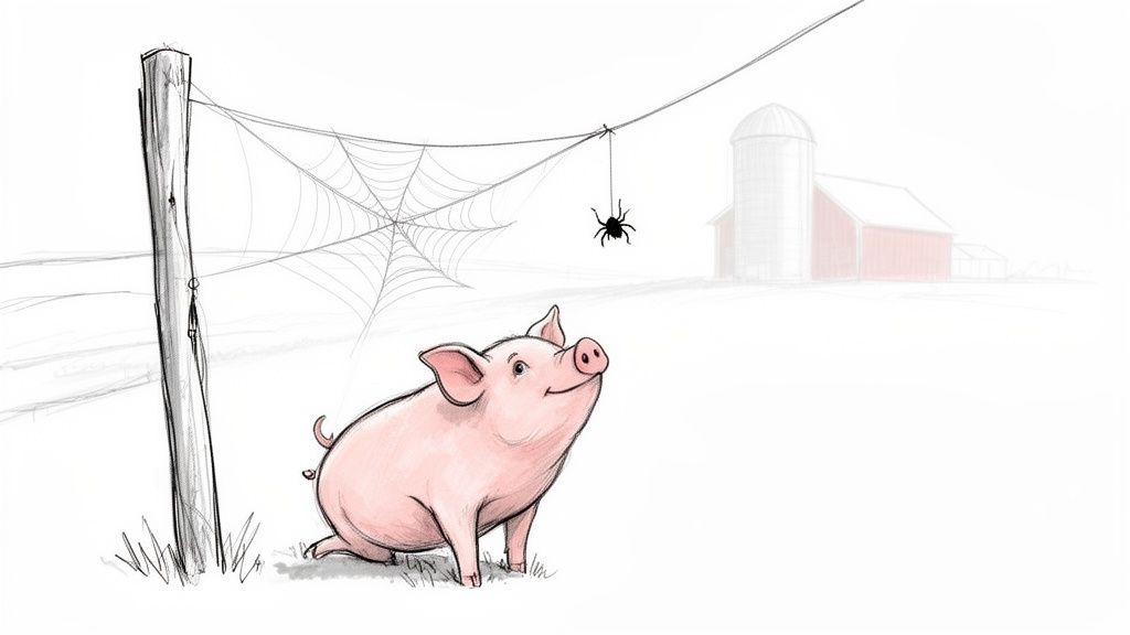 A happy pink pig looks up at a spider dangling from a web attached to a fence post.