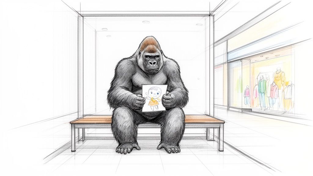 A gorilla sits on a bench, holding a child's drawing in a glass enclosure at a mall.