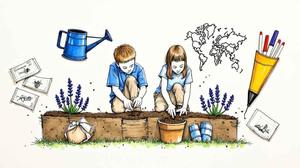 Two children planting seeds in raised garden bed surrounded by gardening tools and educational materials