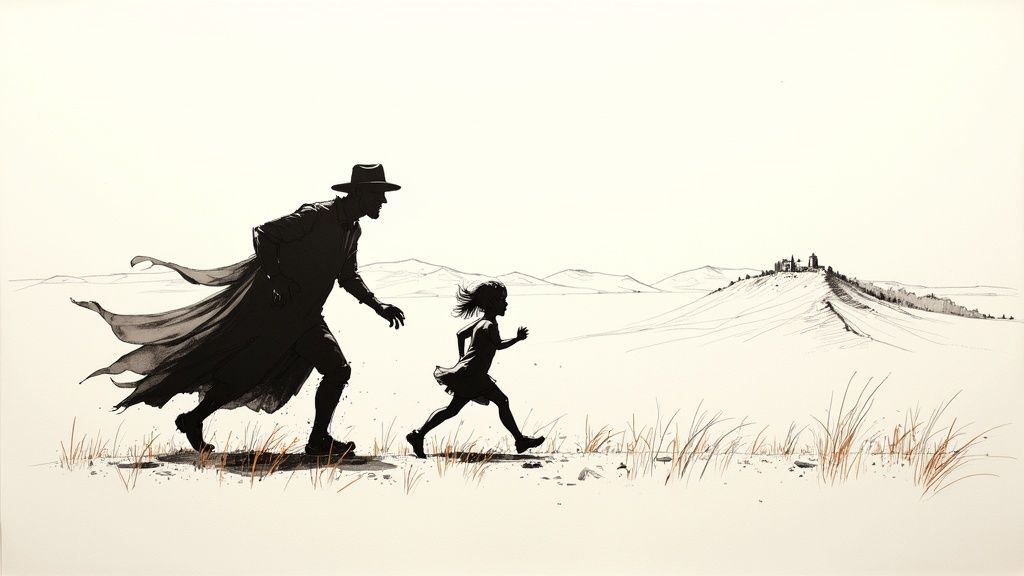 A dark, mysterious book with glowing letters emerging from its pages, set against a backdrop of a moonlit Italian landscape.