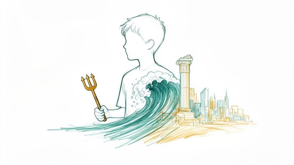Pencil sketch of a boy holding a trident, with a wave, a Greek column, and a modern city.