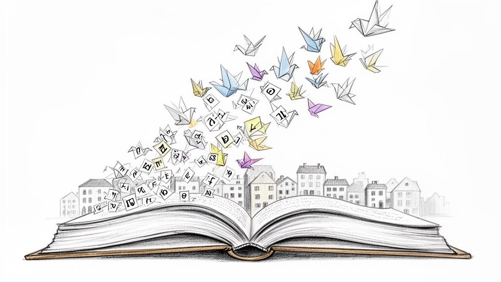 An open book with letters and colorful origami birds flying out, above a charming cityscape.