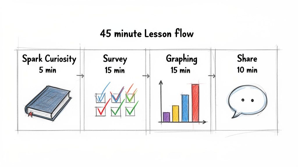 Infographic illustrating a 45-minute lesson plan flow, including Spark Curiosity, Survey, Graphing, and Share activities.