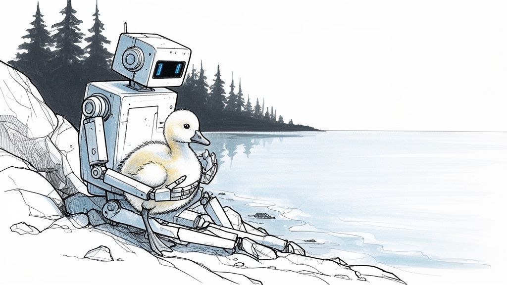 A cute robot sits on a rocky shore, cradling a fluffy yellow duckling by a serene lake.