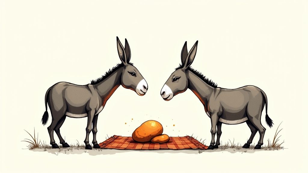 Two cartoon donkeys face each other across a red blanket with two loaves of bread on it.