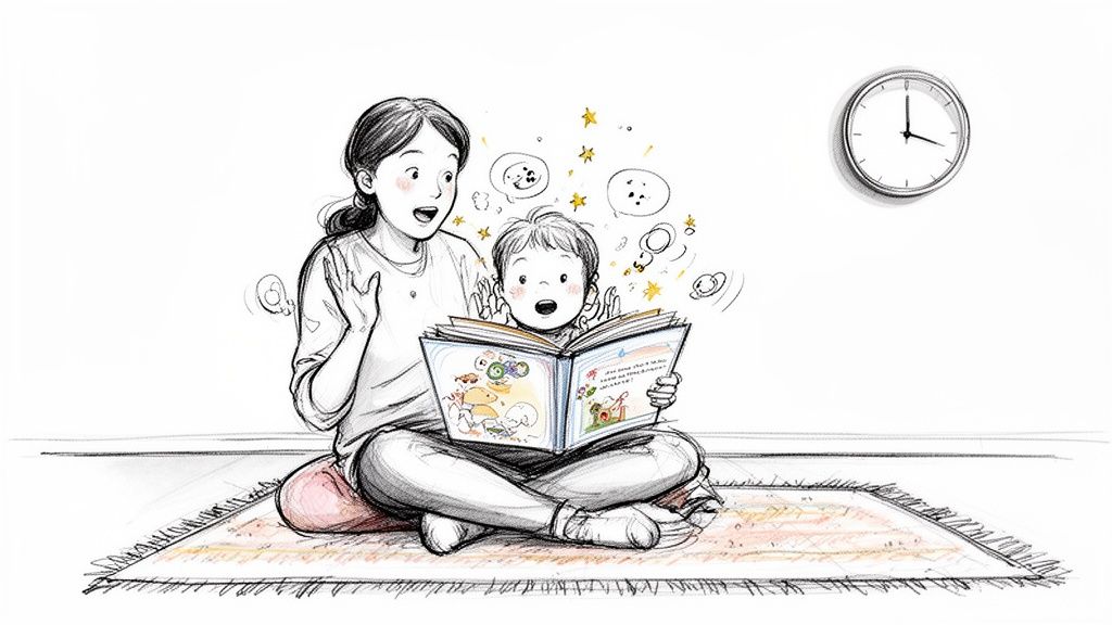 A mother and child enthusiastically read a book, imagination sparked, while sitting on a rug.