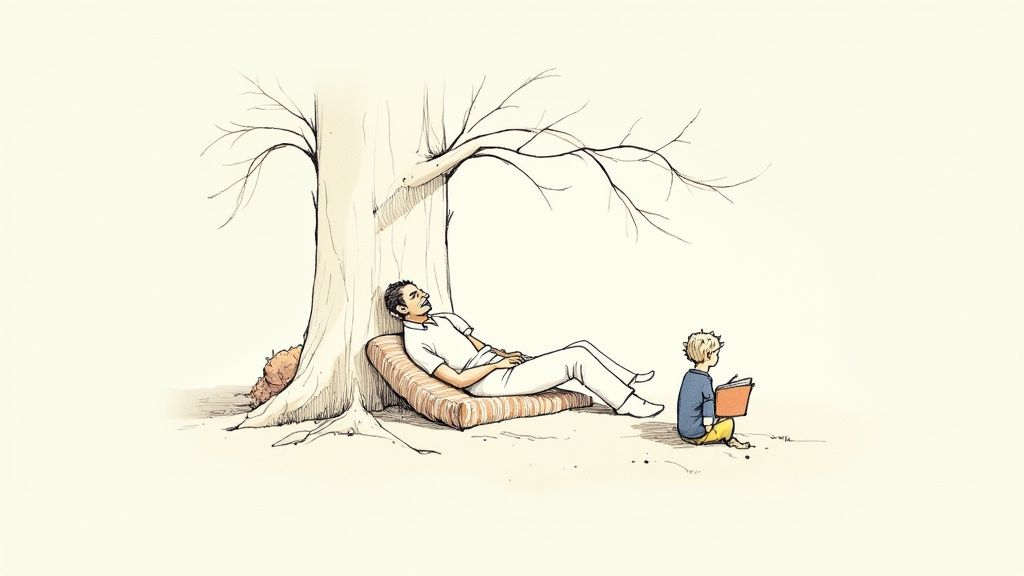 Adult and child sitting under bare tree reading together in peaceful outdoor scene illustration