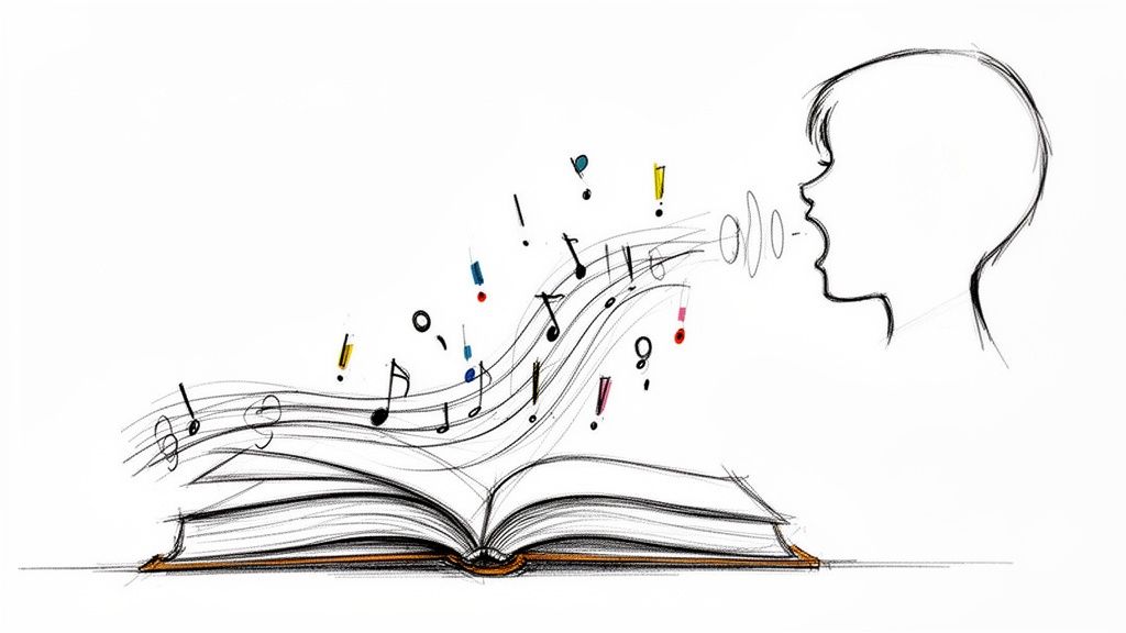 Sketch of a person speaking, with musical notes and symbols flowing from an open book.