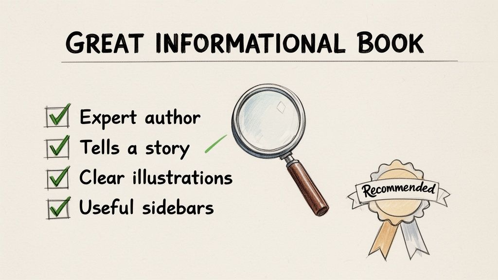 Checklist highlighting features of a great informational book: expert author, storytelling, clear illustrations, useful sidebars.
