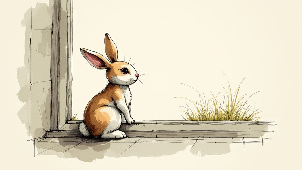 A thoughtful-looking china rabbit sitting on a wooden surface with books in the background.