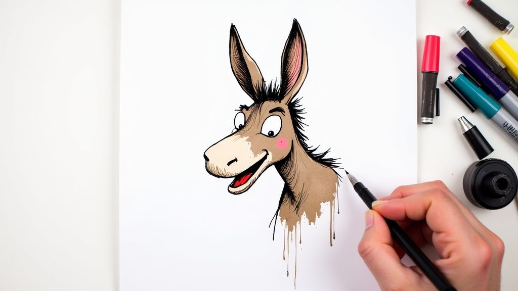Artist's hand coloring a whimsical donkey head drawing with ink and markers.