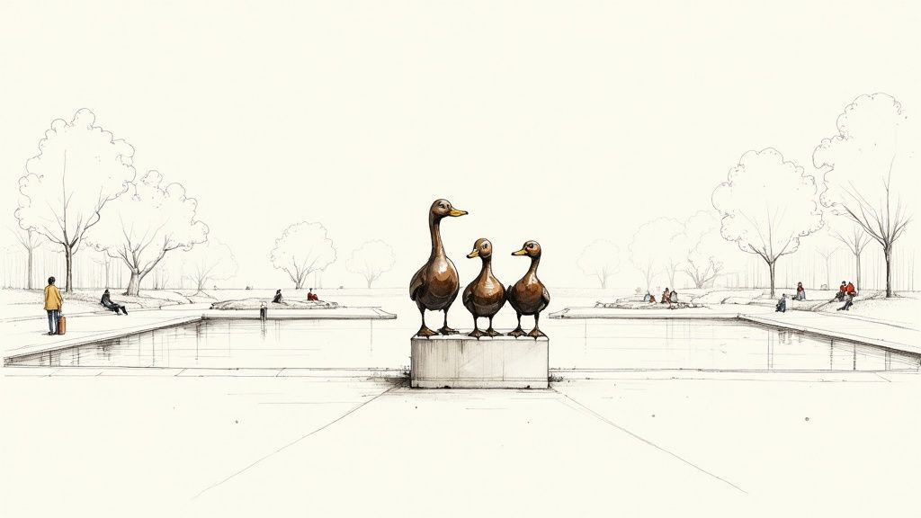 Bronze statues of Mrs. Mallard and her ducklings in the Boston Public Garden.