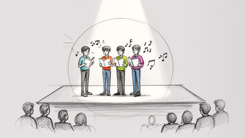 Sketch of four young men singing in a choir on stage, holding books, with musical notes.