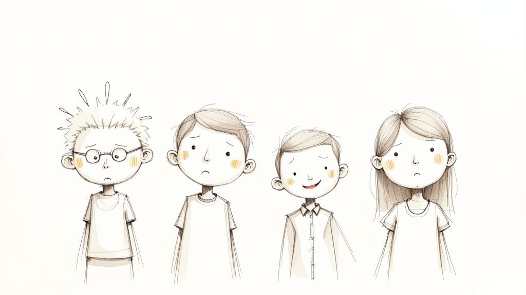 Illustration from the book showing Alexander with his family, highlighting his frustration.