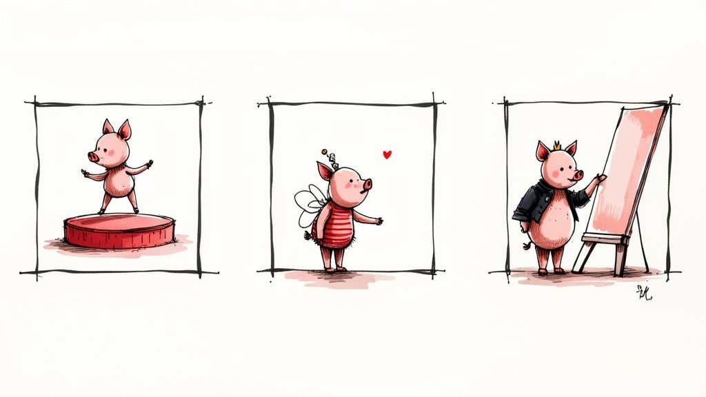Olivia the pig dressed in a red outfit, standing in a dynamic and confident pose.